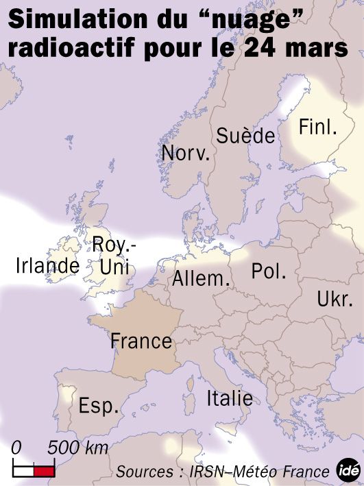 Simulation du panache radioactif pour le 24 mars