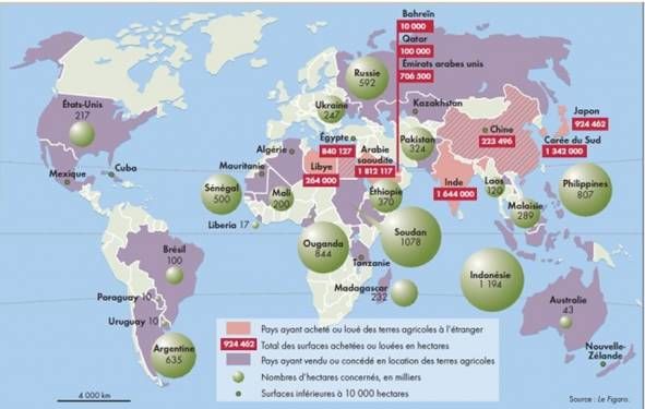 Contrôle de terres agricoles dans les pays étrangers depuis 2000. Source: Le Figaro