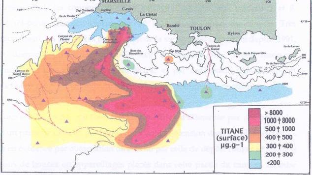 "Titane dans les sédiments superficiels de l'ensemble du site". Extrait du rapport annuel 2003.