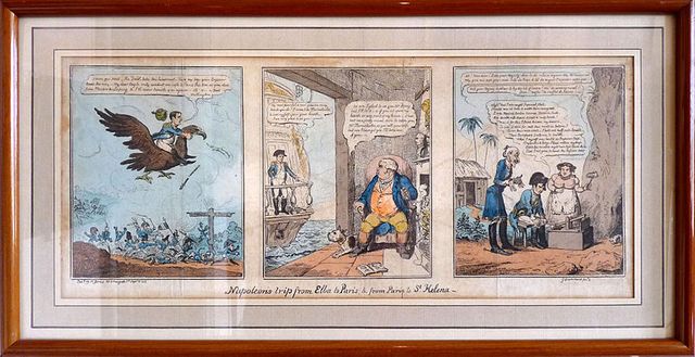 "Voyage de Napoléon à l'île d'Elbe et à Sainte-Hélène" par George Cruikshank (1792-1878), gravure satirique coloriée