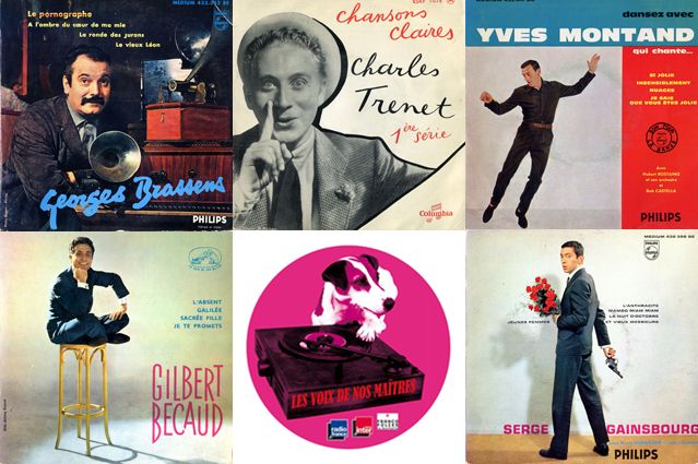 Pochettes : Georges Brassens, Charles Trenet, Yves Montand, Gilbert Bécaud, logo et Serge Gainsbourg