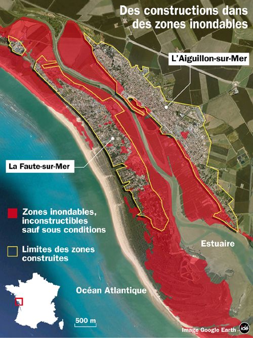 carte de l'Aiguillon-sur-Mer et de La Faute-sur-Mer avec le plan de prévention du risque inondation
