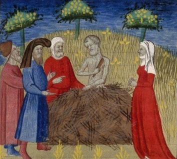 Job avec son épouse et ses amis. Miniature extraite de la Bible historiale de Guyart des Moulins.