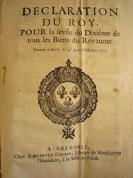 Feuille de garde du texte de l'impôt du Dixième demandé par le roi Louis XIV le 14 octobre 1710.