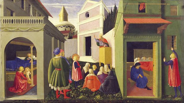 Épisodes de la vie de saint Nicolas : la naissance, la vocation et le don aux trois jeunes filles pauvres Vers 1437