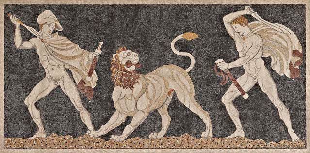 Mosaïque de la chasse au lion, dernier quart du IVe av. J.-C., Pella, Maison du Dionysos (original), Galets, H. 1,845 m, L.3,39
