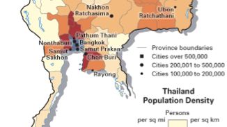 carte de la densité de population de la Thaïlande : la suprématie de la région de Bangkok