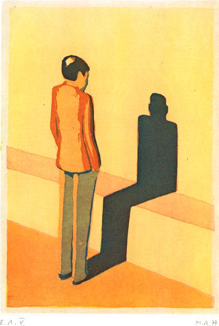 Markus Raetz, Männliche Figur, ihren Schatten betrachtend(Figure masculine contemplant son ombre)Aquatinte 3 couleurs, 1977 Drei