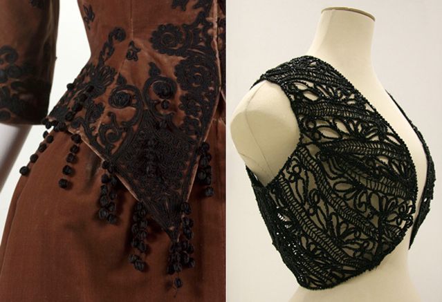 Ensemble boléro et jupe (détail), 1943. Velours cognac brodé de cordonnet noir à pampilles / Boléro, début XXème siècle.