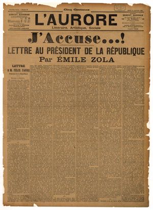 L’Aurore, 13 janvier 1898, article d’Emile Zola : « J’accuse …! »