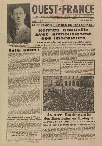 Une de Ouest-France, 7 août 1944,