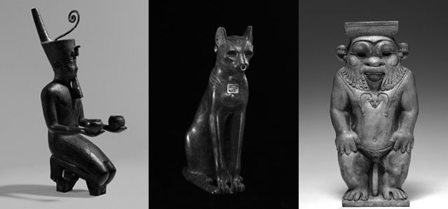 Statue agenouillée d’un roi kouchite - Statue de Bastet sous forme de chatte - Statue de Bès