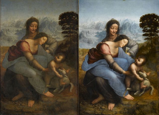 Avant, après - Sainte Anne, la Vierge et l’Enfant jouant avec un agneau dit La Sainte Anne