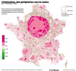 Cartogramme de l'évolution de l'abstention, 1ers tours 2012 et 2007