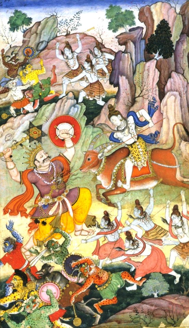 Shiva tuant le démon Andhaka - Manuscrit perse vers 1590