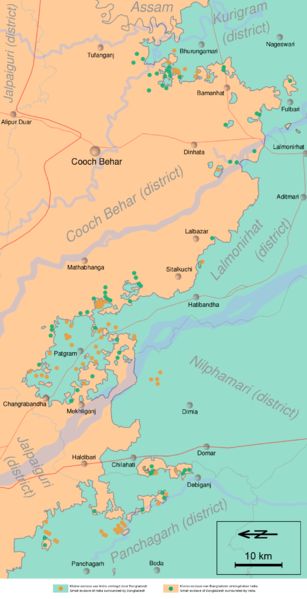 Carte des enclaves de la frontière indo-bengladeshie
