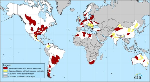 Carte des gisements connus de gaz de schistes dans le monde