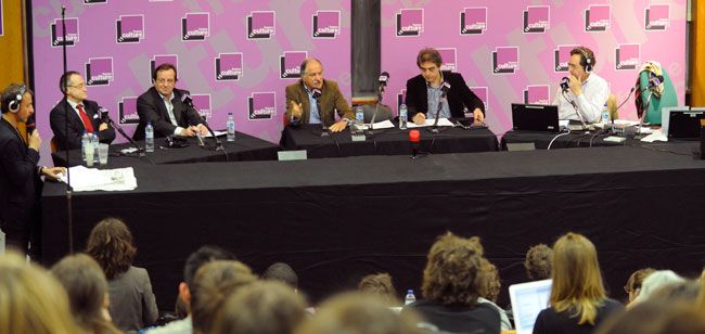 De gauche à droite : Marc Voinchet, Paul Marie Couteaux, Yves Harté, Noel Mamère, Hubert Huertas et Brice Couturier