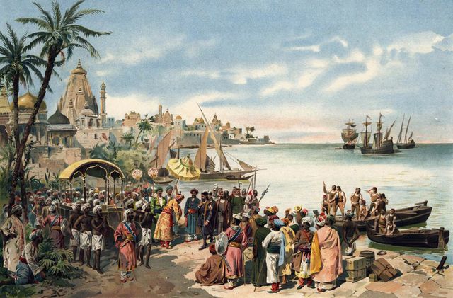 L'arrivée de Vasco de Gama à Calicut en 1498 - Alfredo Roque Gameiro vers 1900