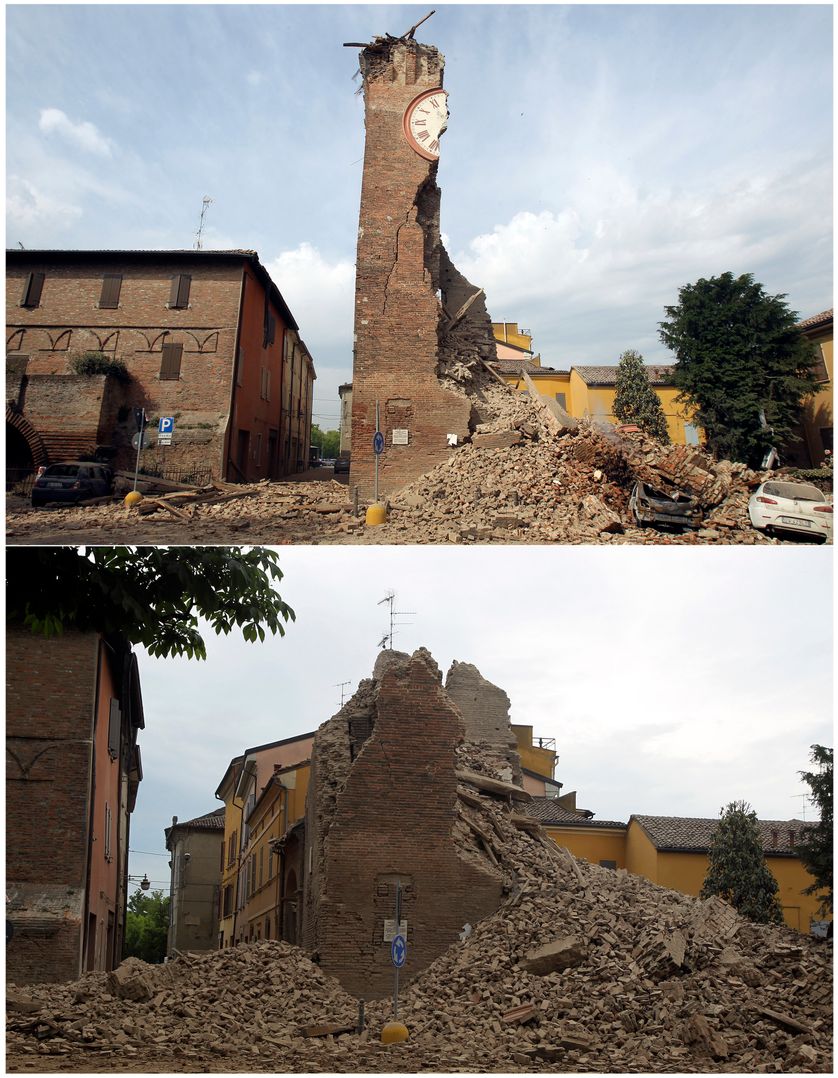 La Tour de l'Horloge de Finale Emilia, qui s'est effondrée en deux temps. A cause du séisme puis d'une réplique