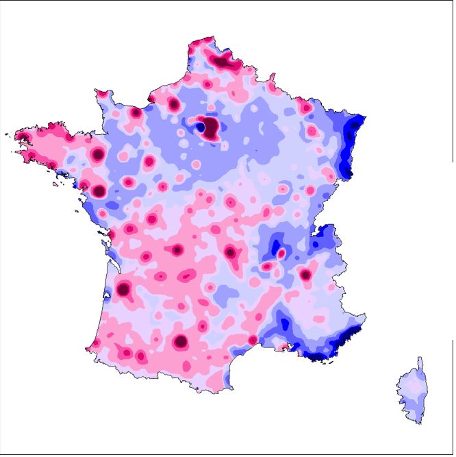 la densité du solde des votes Hollande-Sarkozy