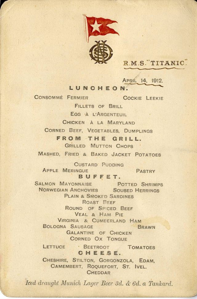 Titanic 4 - First Class on board luncheon menu from 14 April 1912