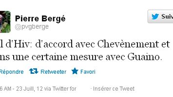 Tweet de Pierre Bergé à propos du discours de François Hollande sur la rafle du Vél d'Hiv. 23 juillet 2012
