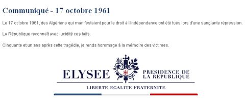 17 octobre 1961. Communiqué de l'Elysée