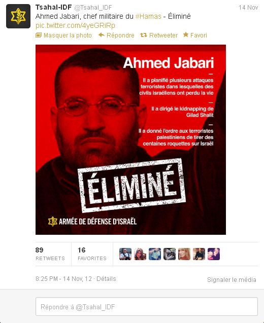 Capture d'écran du compte @Tsahal_IDF le 14 novembre