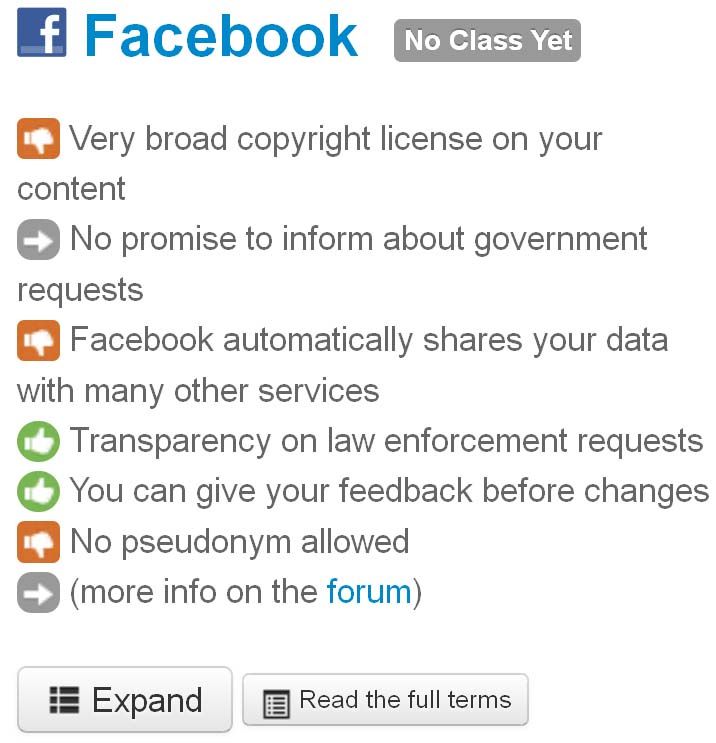 Note de Facebook par ToS;DR
