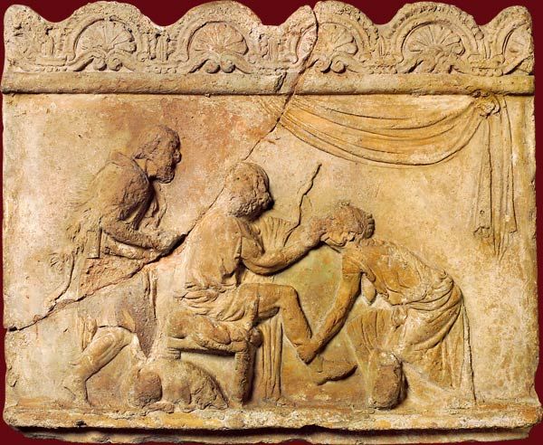 Plaque Campana : la reconnaissance d'Ulysse par Euryclée. Rome, Ier siècle
