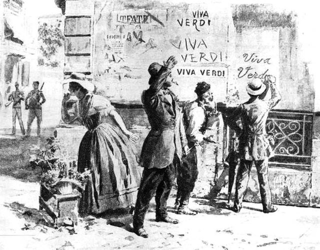 Dessin politique montrant des patriotes Italiens protestant contre l’interdiction d’un opéra de Verdi à Naples en 1859