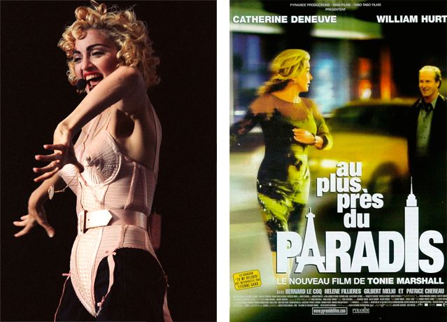 Madonna en corset Jean Paul Gaultier @Jerry Lampen / Reuters et Catherine Deneuve sur l'affiche d'Au plus près du paradis