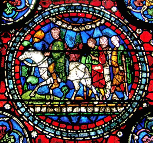 Pèlerins sur un vitrail de la cathédrale de Canterbury - XIIIe siècle