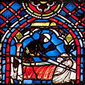 Détail du vitrail de la cathédrale de Rouen relatant la Légende de Saint-Julien