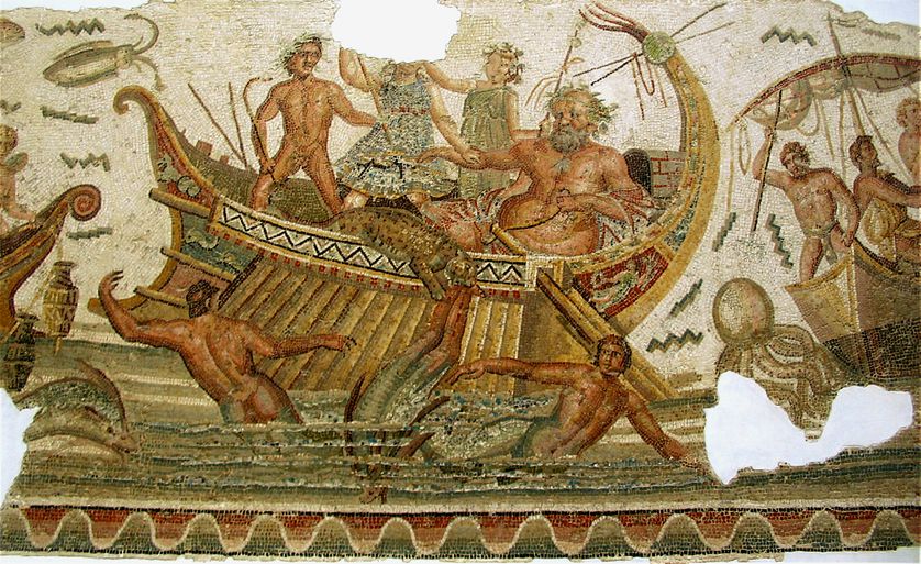 Dionysos lutte contre des créatures marines et des pirates. Mosaïque du musée national du Bardo à Tunis.