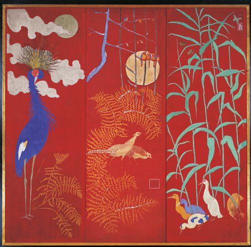 Paravent à trois feuilles avec grue, faisans et oiseaux, canards et papillons, 1889 - Pierre