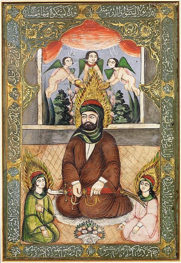 Imam Ali tenant son zulfikar avec ses enfants - Peinture iranienne - Dynastie Kadjar - Début du XIXème siècle