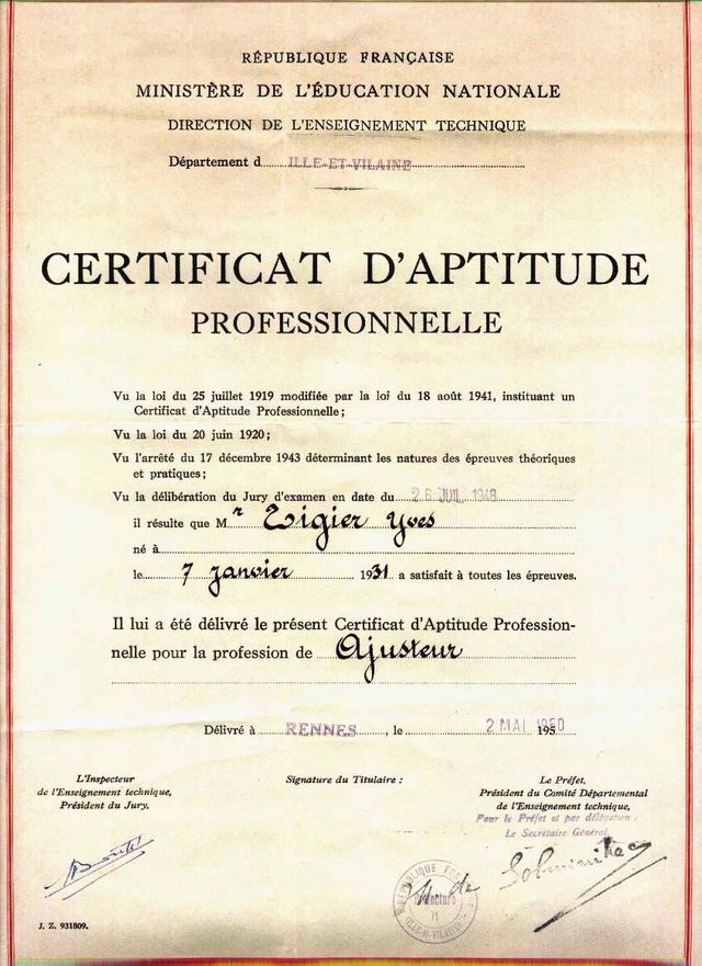 Diplôme du Certificat d'aptitude professionnelle d'ajusteur délivré en 1950