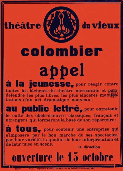 Affiche avec le Manifeste de Jacques Copeau annonçant l'ouverture du théâtre du Vieux-Colombier en 1913