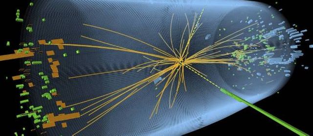 Représentation graphique d'une collision proton-proton réalisée dans un accélérateur de particules pour faire apparaître le boso