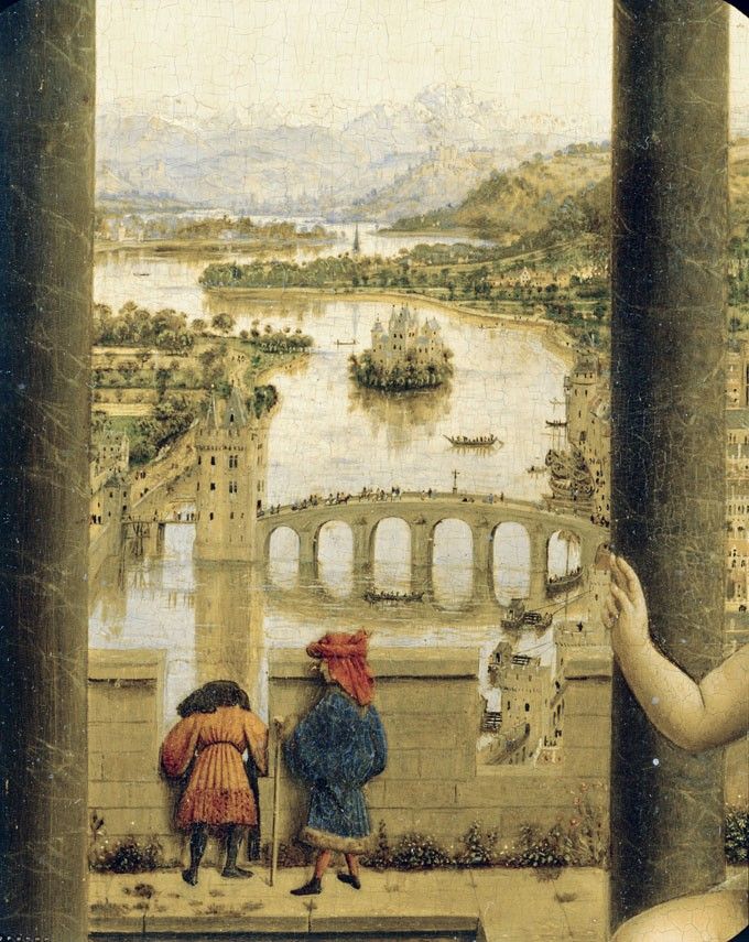 Détail du tableau : Le Chancelier Rolin en prière devant la Vierge, dit La Vierge du chancelier Rolin Van Eyck, Jan