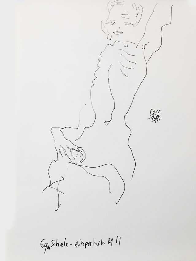 "Autoportrait" d'Egon Schiele (1911), revisité par Joann Sfar