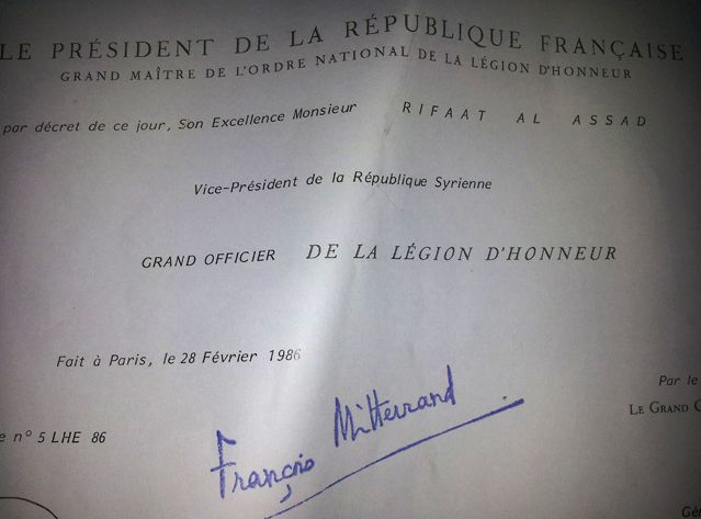 Certificat de légion d'honneur de Rifaat al-Assad