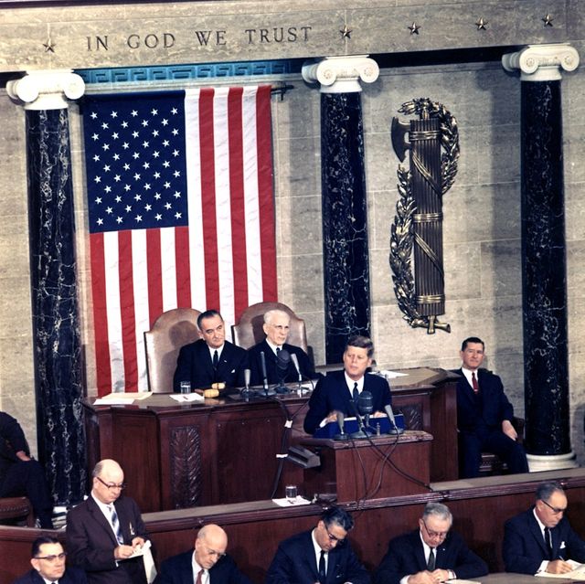 Le président John F. Kennedy prononçant le discours annuel sur l'état de l'Union, le 14 janvier 1963.