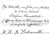 Dédicace à Eugène Canseliet signée Fulcanelli ( de la main de Julien Champagne)