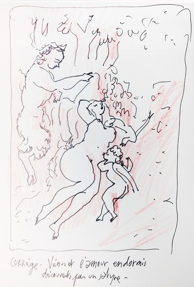 "Venus et l'amour endormis découverts par un satyre" du Corrège, croqué par Joann Sfar