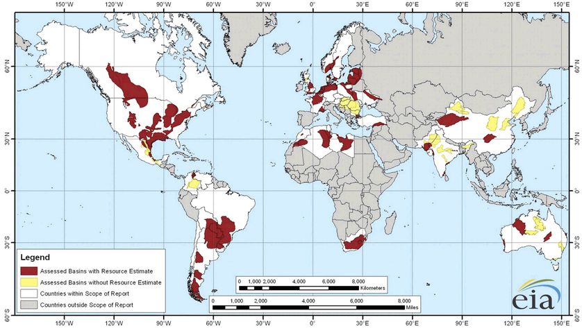 Carte de l'évaluation des ressources en gaz de schiste dans le monde, 2011-2013