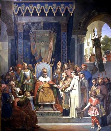 Charlemagne recevant Alcuin qui lui présente des manuscrits, ouvrage de ses moines - Jean-Victor Schnetz - 1830