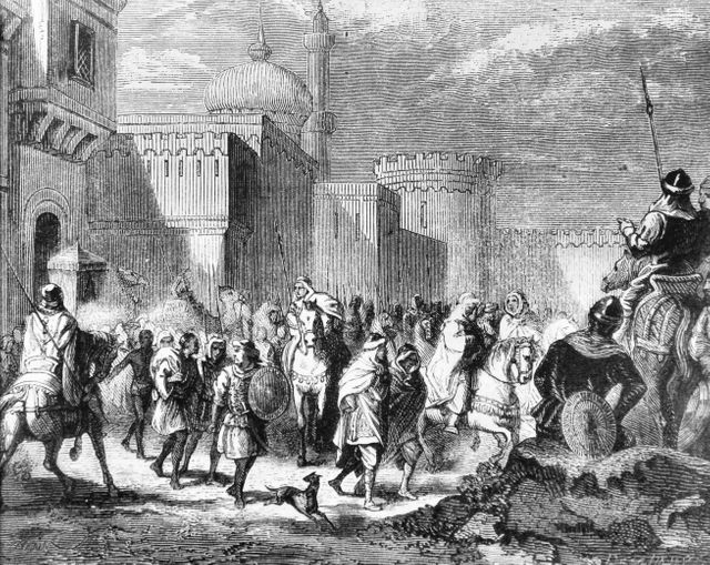 Les Musulmans sortant de Narbonne, rendue aux Francs par Pépin le Bref en 759 - gravure d'Emile Bayard - 1880